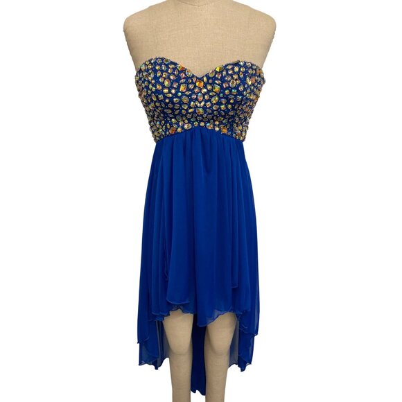 Strapless B. Smart Royal Blue High-Low Dress With Beaded Bodice - Picture 1 of 9